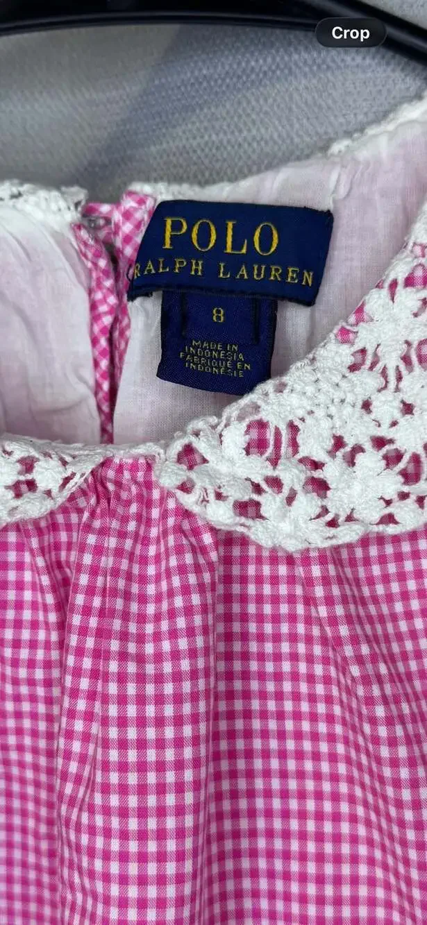 Polo Ralph Lauren Girls Pink Gingham Sleeveless Swing Dress with Lace Collar